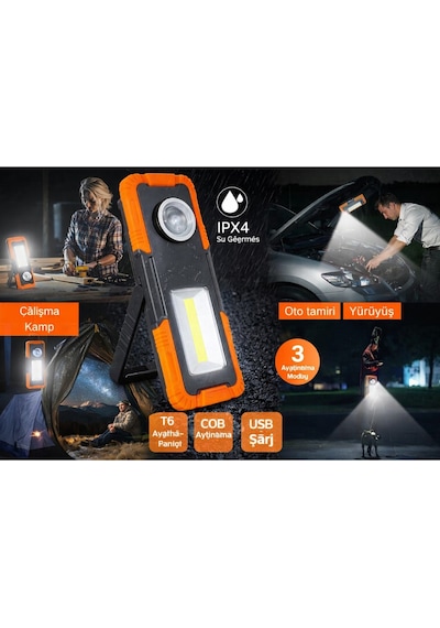 Şarjlı Tamirci Lambası 3 Modlu Led Çalışma Lambası Mıknatıslı & Askılı Ipx4 Suya Dayanıklı Siyah