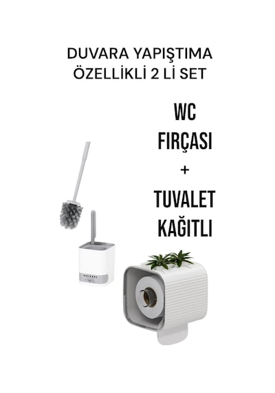 2 Li Set-kendinden Yapışkanlı Tuvalet Kağıdı Wc Kağıt Asacağı Ve Banyo Lavabo Wc Temizleme Fırçası Beyaz
