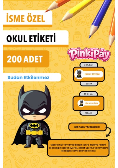 İsim Yazılabilir Batman Temalı Okul Etiketi Kalem & Defter İçin 200 Adet Çoklu