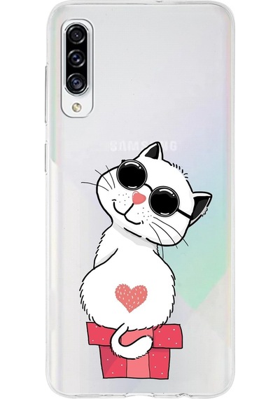 Samsung Galaxy A30s Uyumlu Kapak Cool Cat Tasarımlı Şeffaf Silikon Kılıf Şeffaf