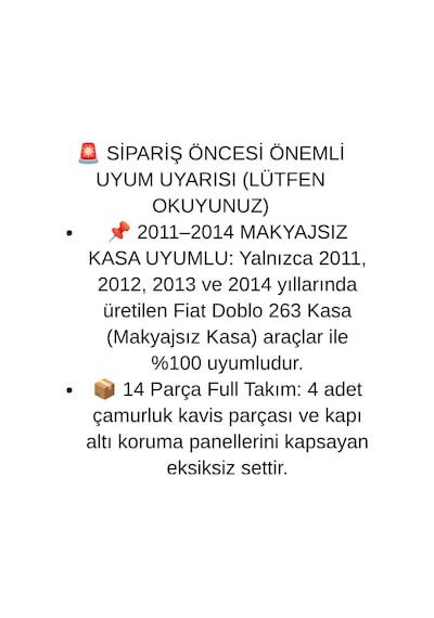 Fiat Doblo 263 Pre-facelift Makyajsız Kasa 2011 2012 2013 2014 Uyumlu 14 Parça Dodik Seti Çamurluk Ve Yan Kapı Koruma Çizik Hasar Engelleyici