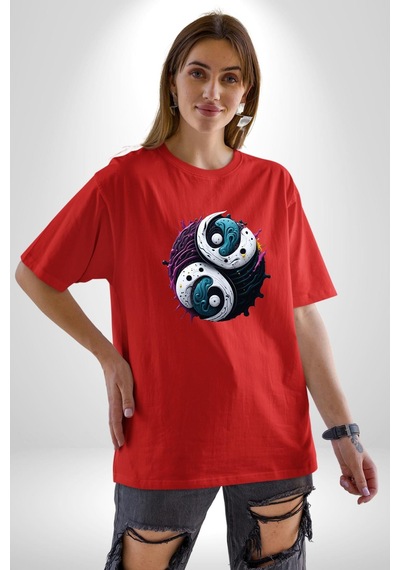 Renkli Yin İle Yang Kuramı Pamuklu Bisiklet Yaka Unisex Oversize Boyfriend Dijital Baskılı Kırmızı T-shirt Kırmızı