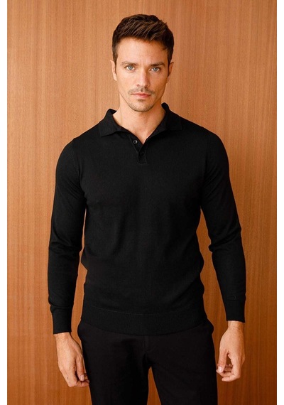 Desen Triko Erkek Basic Polo Yaka İnce Triko Kazak 02421601 Siyah Siyah