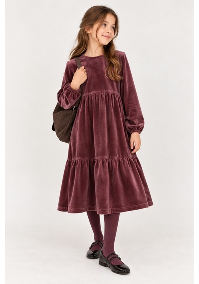 Moda Gül Kurusu - Kız Çocuk Modest Pamuk Kadife Midi Elbise Bordo Bordo