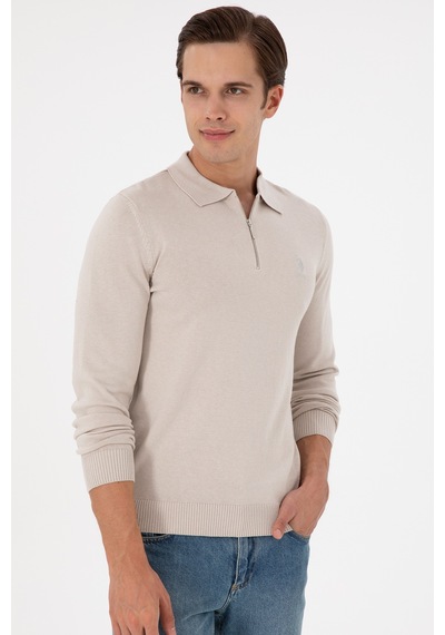 U.S. Polo Assn. Erkek Slim Fit Yarım Fermuarlı Taş Melanj Basic Kazak 50297066-VR225