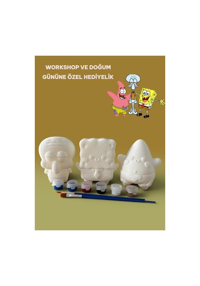 3d Sünger Bob, Squiddy Ve Patrick Figür Boyama Seti - Kendin Boya Hobi Ve Etkinlik Seti - Akrilik Boya + 6 Fırça