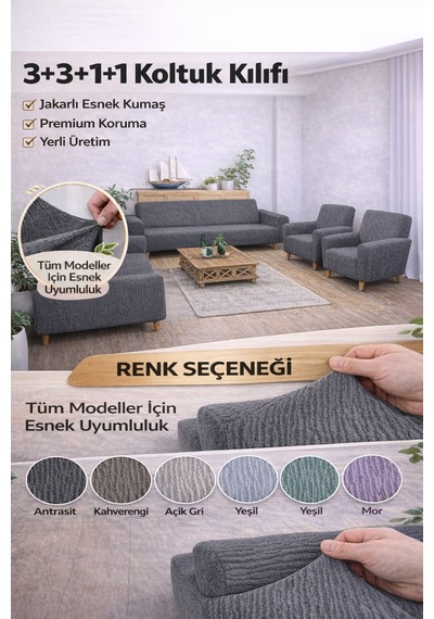 Jakarli 3+3+1+1 Lastikli Koltuk Kılıfı Esnek, Leke Tutmaz, Antrasit - 815954100 Antrasit