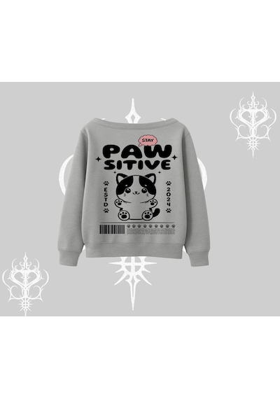 Startmore Paw Sitive Kedi Arka Baskılı Kayık Yaka Sweatshirt Gri