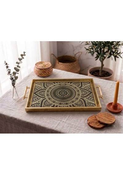 Mandala Desenli Dekoratif Tepsi Gold Çerçeveli Kulplu Çay Kahve & Sunum Tepsisi