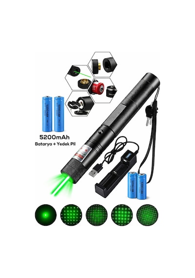 10 Km Menzilli Şarj Edilebilir Yeşil Lazer Pointer Seti - 5200mah Çift Bataryalı & Güvenlik Kilidi Siyah