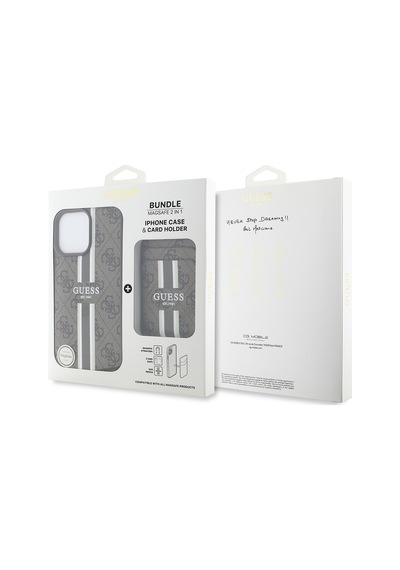Apple Uyumlu iPhone 15 Pro Max Kılıf Guess Lisanslı Magsafe Özellikli 4g Desen Çizgili Kartlıklı Kapak Kahverengi