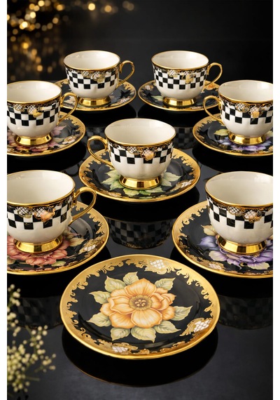 Porselen Gold Ayaklı Renkli Tombul Dama Desenli 6 Lı Türk Kahve Fincan Takımı-balsa Fincan Takımı Sarı - Çok Renkli Porselen Gold Ayaklı Renkli Tombul Dama Desenli 6 Lı Türk Kahve Fincan Takımı-balsa Fincan Takımı Sarı - Çok Renkli