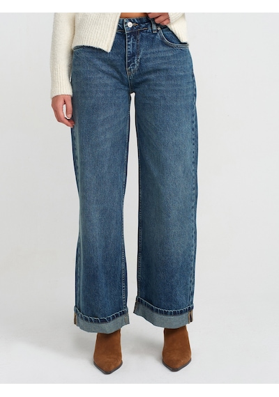 Dilvin 71743 Paçası Kıvrık Geniş Kesim Denim Pantolon Mavi