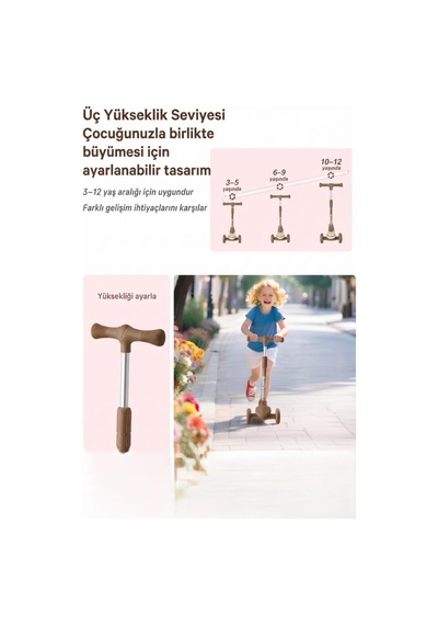3 Tekerlekli Led Işıklı Müzikli Katlanabilir Boyu Ayarlanabilir 3 Yükseklik Ayarlı Çocuk Scooter'ı Kahverengi