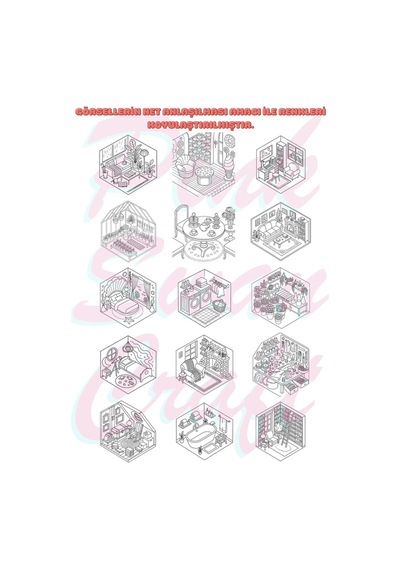 Cozy Isometric Rooms Boyama Kitabı Trace Sketch Color 30 Görsel 20x20 Cm