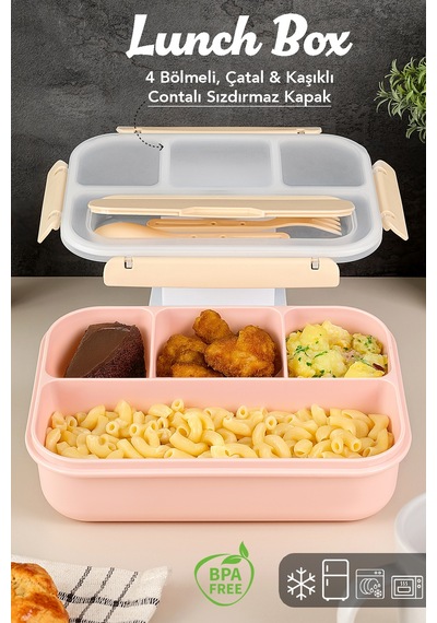 Sızdırmaz Contalı Yemek Kabı - 4 Bölmeli Çatal Kaşıklı Diyet Beslenme Kutusu Lunch Box Pembe Pembe