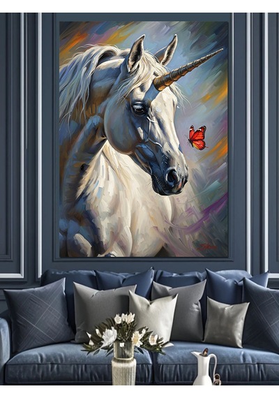 Ahşap Tablo Tek Boynuzlu At Unicorn Ve Kelebek