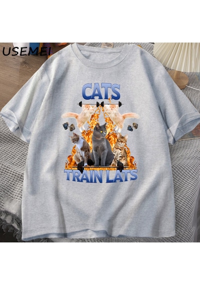 Flood Of Style Kedi Tren Lats Graphci T Shirt Komik Spor Adam Giysileri Tshirt Boy Rahat Pamuk Kısa Kollu Ti Gri