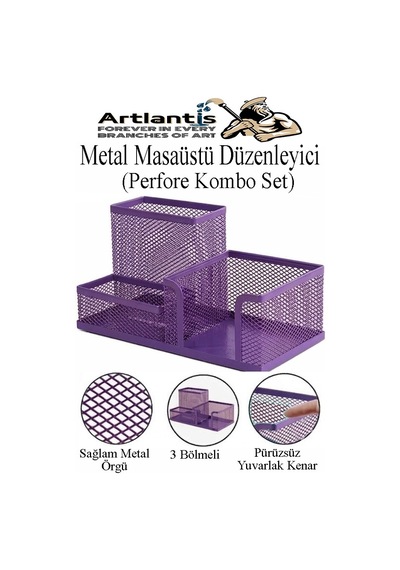 Masaüstü Metal Kalemlik Seti 3 Lü Kombo 1 Paket Fileli Perfore Renkli Kalemlik Kağıtlık Küpnotluk Düzenleyici Mor