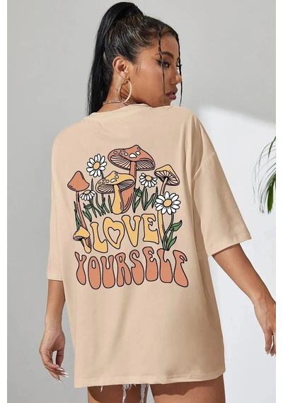 Flood Of Style Kadın Bej Love Yourself Baskılı Oversize T-shirt