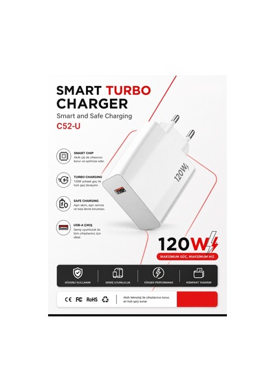 C52-u Smart Turbo Charger Adaptör 120w 3a Usb Girişli Hızlı Şarj Smart Chip Fast Charging