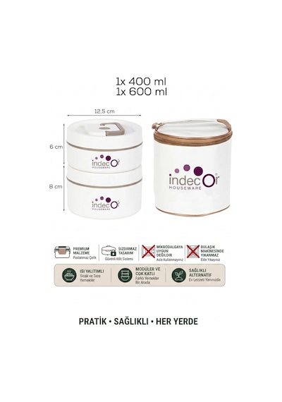 Isı Yalıtımlı Çantalı 2 Parça Vakumlu Lunch Box Yemek Termosu Beslenme Kutusu Sefer Tası Krem