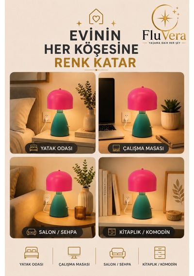Retro Masa Lambası Pembe Turkuaz Dekoratif Abajur Kablolu Açma Kapama Anahtarlı Çok Renkli