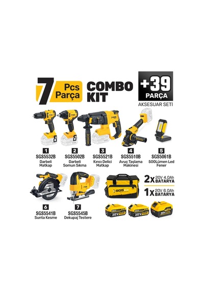 Sgs5452 Combo Set 7 Parça Şarjlı Matkap Hilti Taşlama Somun Sıkma Sunta Kesme Dekuğaj Testere