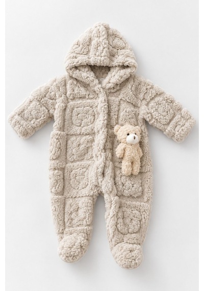 Kız Erkek Bebek Tavşan Ve Ayı Oyuncaklı Peluş Tulum Tlm0301 Bej