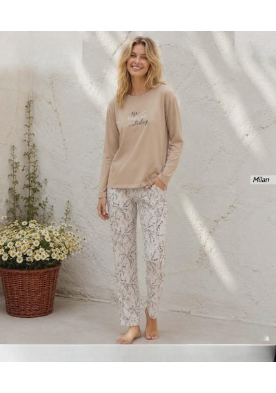 Pijamoni Kadın Milan Bisiklet Yaka Uzun Kol İnce Pijama Takımı 7600/24b - 1 Adet Bej