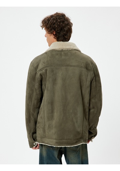 Koton Süet Görünümlü Ceket Slim Fit Peluş Detaylı Gömlek Yaka Haki 5wam20075hw Haki