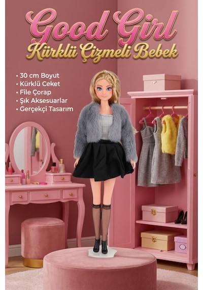 Good Girl 30 Cm Kürklü Ceketli Ve Çizmeli Moda Bebeği - Şık Aksesuarlı Manken Oyuncak Bebek Gri Siyah