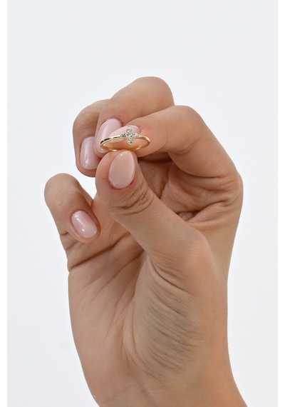Gümüş Altın Yaldızlı Zirkon Taşlı Tiny Clover Yonca Yüzük Barcode Gold