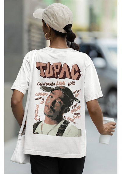 Tupac Rapper Sırt Baskılı Unisex Oversize Şarkıcı Tişört Beyaz