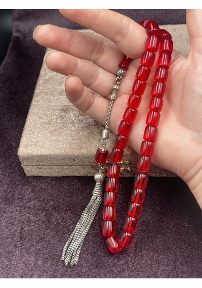 Alpaka Zincir Püsküllü Blok Kesim Kırmızı Ateş Kehribar Tesbih 9x10 Mm