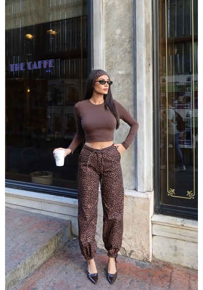 Kechi Woman Gabardin Kumaş Desenli Pantolon Kahve Leopar