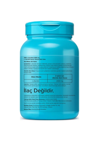Gnc L-carnitine 1000 Mg 60 Tablet Aromasız