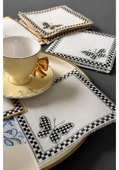 6 Lı Kelebek Desenli Gümüş Ekose Kokteyl Peçetelik 13x13 - Kare Kahve Sunumluğu,