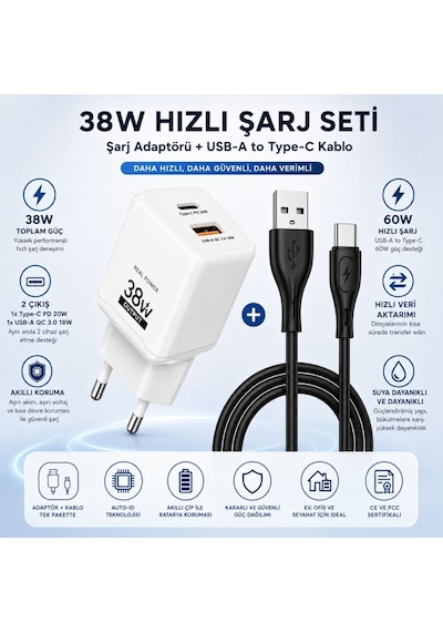 Schitec 38w 2 Çıkışlı Hızlı Şarj Başlığı Ve Usb-a To Type-c 60w Hızlı Data Ve Şarj Kablosu