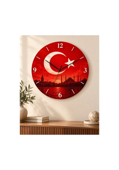 Türk Bayraklı Ay Yıldız Desenli 45 Cm Ahşap Sessiz Akar Mekanizmalı Uv Baskılı Dekoratif Duvar Saati Hediyelik 1087 Çok Renkli