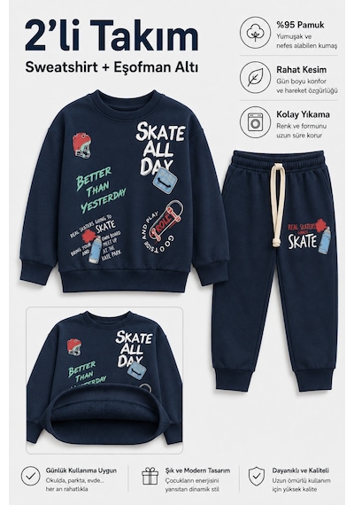Ahengim Erkek Çocuk Kaykay Baskılı Sweatshirt Eşofman Altı 2 Li Takım 1-4 Yaş Ak115 Koyu Lacivert Ahengim Erkek Çocuk Kaykay Baskılı Sweatshirt Eşofman Altı 2 Li Takım 1-4 Yaş Ak115 Koyu Lacivert