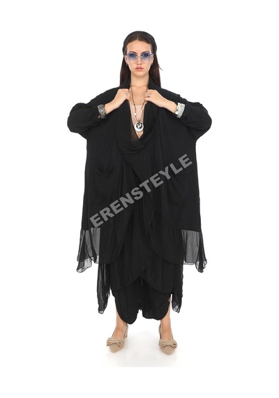 Italyan Ipek Detaylı Oversize Kap Bluz- Asimetrik Pantolon Takım Siyah