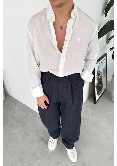 Beyaz Nakışlı Oversize Modal Gömlek Beyaz
