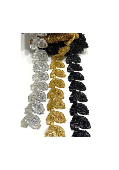 Ütü İle Yapışan Yaprak Model Şerit / Boncuklu Şerit / 1 Metre / H1 - Gümüş