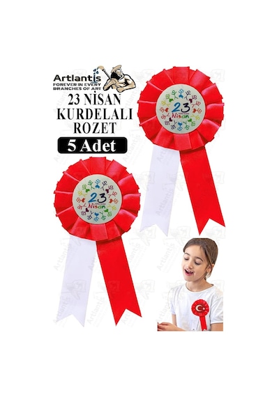 23 Nisan Kurdelalı Rozet 5 Adet Kırmızı Beyaz Yaka Rozeti Çocuk Bayram Etkinlik 15 Cm Kokart