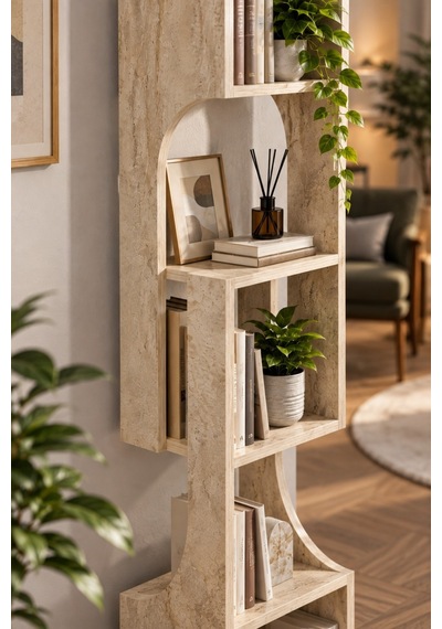Sulorahome 5 Katlı Modern Dekoratif Ahşap Kitaplık Ve Raf Ünitesi Mermer