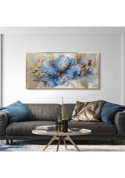 Yağlı Boya Dokulu Tablo Modern Mavi Tek Çiçek Altın Çerçeveli U02030-178884