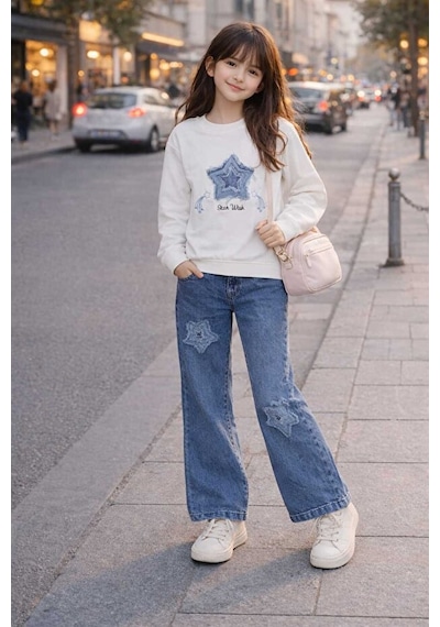 Bubiee Baby Kız Çocuk Denim Takım Yıldız Detaylı Sweatshirt Ve Kot Pantolon Mavi