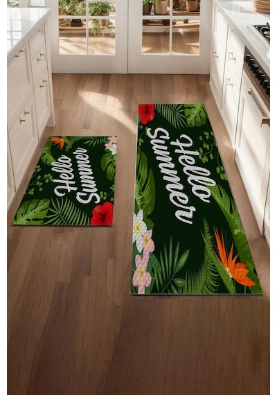 Valerine Life Hello Summer Mutfak Matı Halısı Yıkanır Kaymaz Taban Sıvı Geçirmez Tezgah Önü Paspas Yeşil