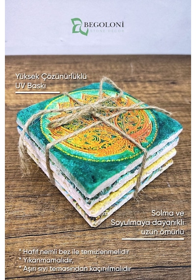 Doğal Taş Bardak Altlığı - Mor Desenlerbaskılı 10x10cm Stone Coasters Çok Renkli